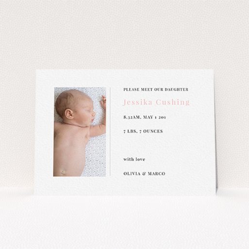 A birth announcement card named "Please Welcome". It is an A6 card in a landscape orientation. It is a photographic birth announcement card with room for 1 photo. "Please Welcome" is available as a flat card, with tones of white and pink.
