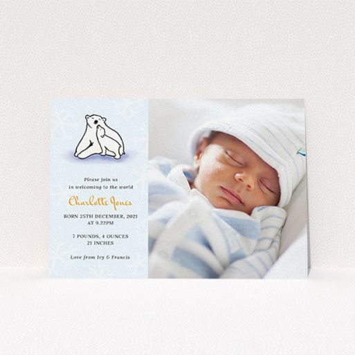 A birth announcement card template titled "Polar Picture". It is an A6 card in a landscape orientation. It is a photographic birth announcement card with room for 1 photo. "Polar Picture" is available as a flat card, with mainly white colouring.