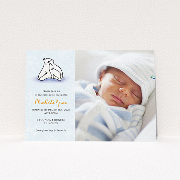 A birth announcement card template titled "Polar Picture". It is an A6 card in a landscape orientation. It is a photographic birth announcement card with room for 1 photo. "Polar Picture" is available as a flat card, with mainly white colouring.