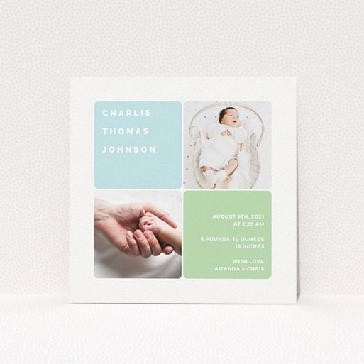 A birth announcement card design named "Rounded Corners". It is a square (148mm x 148mm) card in a square orientation. It is a photographic birth announcement card with room for 2 photos. "Rounded Corners" is available as a flat card, with tones of blue and green.
