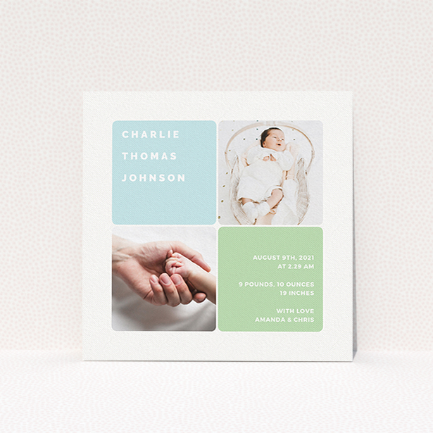 A birth announcement card design named "Rounded Corners". It is a square (148mm x 148mm) card in a square orientation. It is a photographic birth announcement card with room for 2 photos. "Rounded Corners" is available as a flat card, with tones of blue and green.