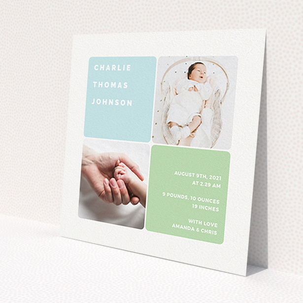 A birth announcement card design named 'Rounded Corners'. It is a square (148mm x 148mm) card in a square orientation. It is a photographic birth announcement card with room for 2 photos. 'Rounded Corners' is available as a flat card, with tones of blue and green.