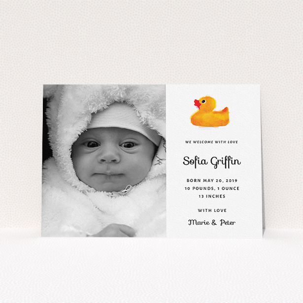 A birth announcement card named "Rubber Ducky". It is an A5 card in a landscape orientation. It is a photographic birth announcement card with room for 1 photo. "Rubber Ducky" is available as a flat card, with tones of orange and white.