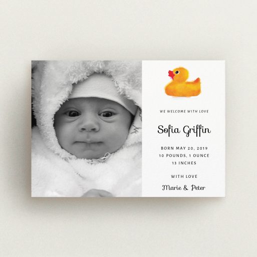 A birth announcement card design titled "Rubber Ducky". It is an A6 card in a landscape orientation. It is a photographic birth announcement card with room for 1 photo. "Rubber Ducky" is available as a flat card, with tones of orange and white.