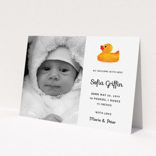 A birth announcement card design titled 'Rubber Ducky'. It is an A6 card in a landscape orientation. It is a photographic birth announcement card with room for 1 photo. 'Rubber Ducky' is available as a flat card, with tones of orange and white.