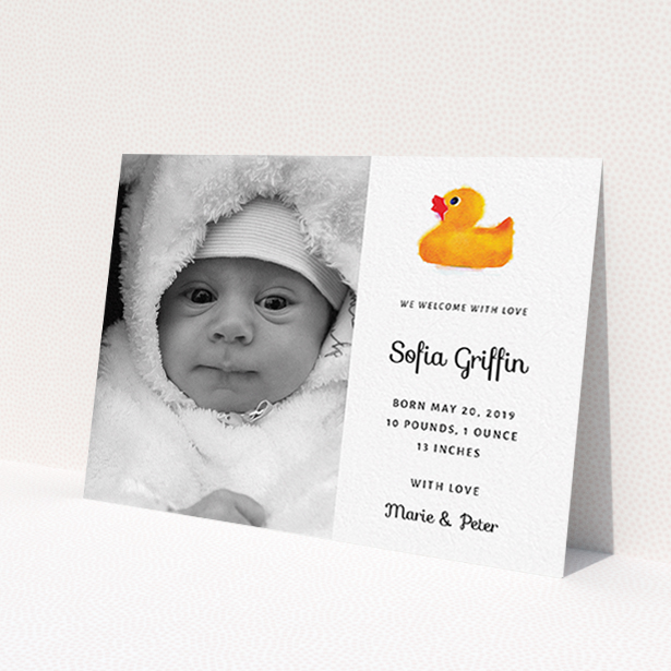 A birth announcement card design titled "Rubber Ducky". It is an A6 card in a landscape orientation. It is a photographic birth announcement card with room for 1 photo. "Rubber Ducky" is available as a flat card, with tones of orange and white.