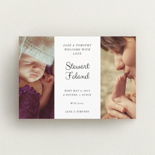 A birth announcement card design titled "Sandwich Frame". It is an A6 card in a landscape orientation. It is a photographic birth announcement card with room for 2 photos. "Sandwich Frame" is available as a flat card, with mainly white colouring.