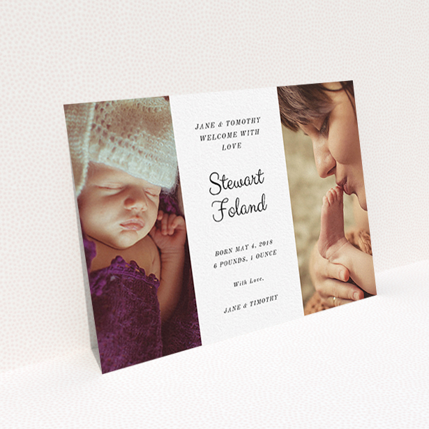 A birth announcement card design titled "Sandwich Frame". It is an A6 card in a landscape orientation. It is a photographic birth announcement card with room for 2 photos. "Sandwich Frame" is available as a flat card, with mainly white colouring.