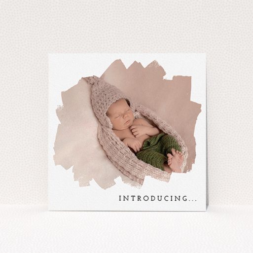 A birth announcement card called "Scruffy Frame". It is a square (148mm x 148mm) card in a square orientation. It is a photographic birth announcement card with room for 1 photo. "Scruffy Frame" is available as a flat card, with mainly white colouring.