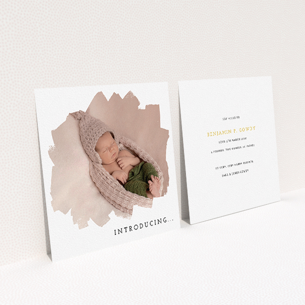 A birth announcement card called "Scruffy Frame". It is a square (148mm x 148mm) card in a square orientation. It is a photographic birth announcement card with room for 1 photo. "Scruffy Frame" is available as a flat card, with mainly white colouring.