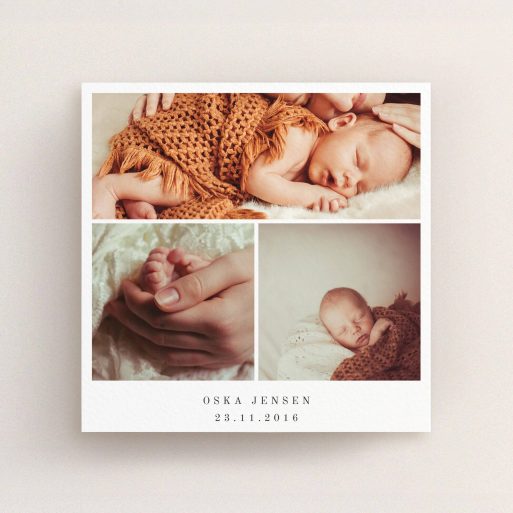 A birth announcement card design named "Simple 3 Frame". It is a square (148mm x 148mm) card in a square orientation. It is a photographic birth announcement card with room for 3 photos. "Simple 3 Frame" is available as a flat card, with mainly white colouring.