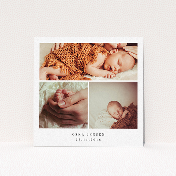 A birth announcement card design named "Simple 3 Frame". It is a square (148mm x 148mm) card in a square orientation. It is a photographic birth announcement card with room for 3 photos. "Simple 3 Frame" is available as a flat card, with mainly white colouring.