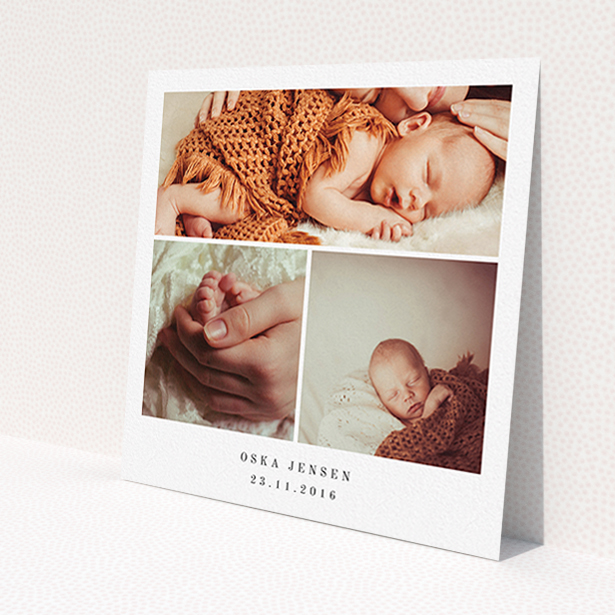 A birth announcement card design named 'Simple 3 Frame'. It is a square (148mm x 148mm) card in a square orientation. It is a photographic birth announcement card with room for 3 photos. 'Simple 3 Frame' is available as a flat card, with mainly white colouring.