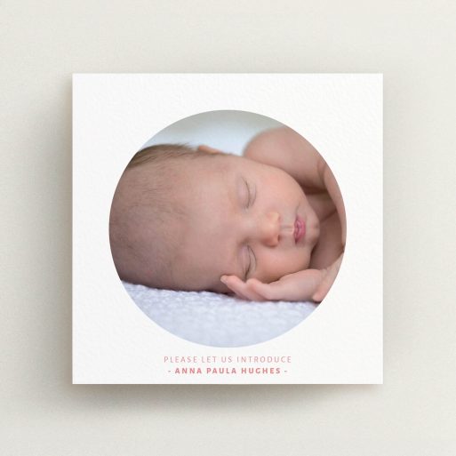 Birth Announcement Card Design - "Simple circle frame" A birth announcement card design titled "Simple circle frame". It is a square (148mm x 148mm) card in a square orientation. It is a photographic birth announcement card with room for 1 photo. "Simple circle frame" is available as a flat card, with tones of white and pink.