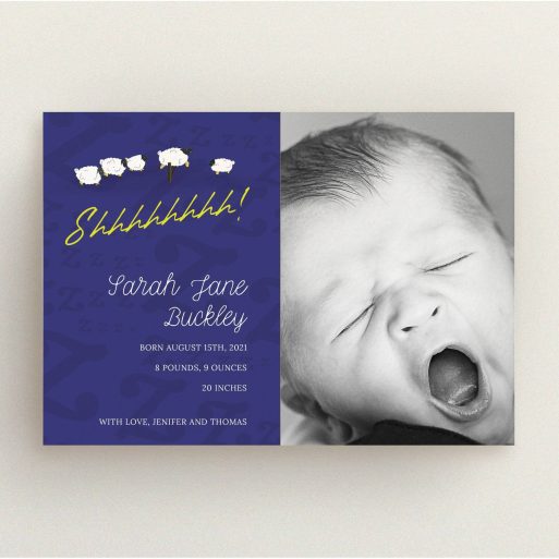 A birth announcement card design named "Sleepy Time". It is an A5 card in a landscape orientation. It is a photographic birth announcement card with room for 1 photo. "Sleepy Time" is available as a flat card, with tones of navy blue and white.
