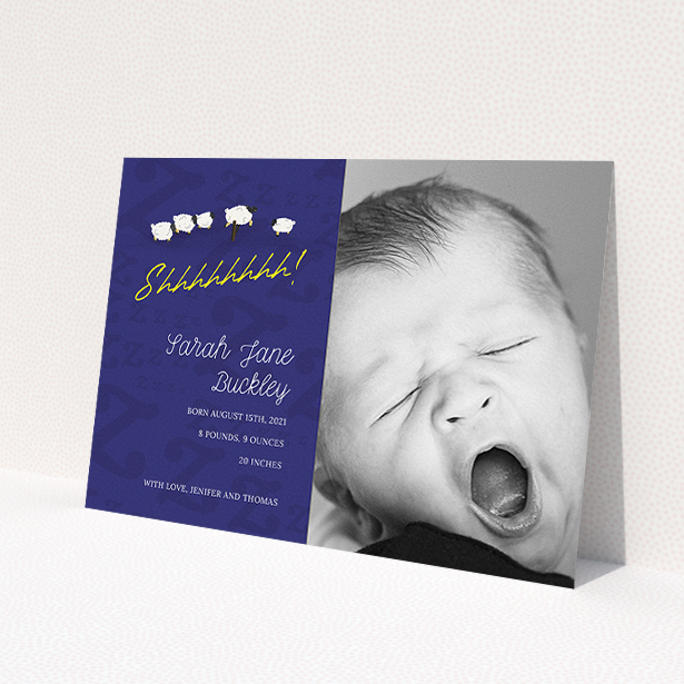 A birth announcement card design named 'Sleepy Time'. It is an A5 card in a landscape orientation. It is a photographic birth announcement card with room for 1 photo. 'Sleepy Time' is available as a flat card, with tones of navy blue and white.