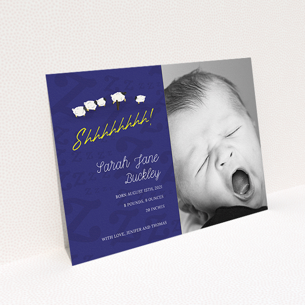 A birth announcement card design named "Sleepy Time". It is an A5 card in a landscape orientation. It is a photographic birth announcement card with room for 1 photo. "Sleepy Time" is available as a flat card, with tones of navy blue and white.