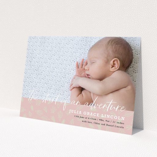 A birth announcement card design named 'The Start of and Adventure'. It is an A5 card in a landscape orientation. It is a photographic birth announcement card with room for 1 photo. 'The Start of and Adventure' is available as a flat card, with tones of pink and white.