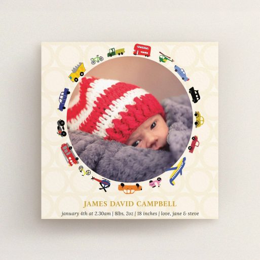 A birth announcement card called "Toy Transport". It is a square (148mm x 148mm) card in a square orientation. It is a photographic birth announcement card with room for 1 photo. "Toy Transport" is available as a flat card, with tones of cream, red and yellow.