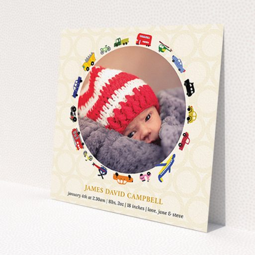 A birth announcement card called 'Toy Transport'. It is a square (148mm x 148mm) card in a square orientation. It is a photographic birth announcement card with room for 1 photo. 'Toy Transport' is available as a flat card, with tones of cream, red and yellow.