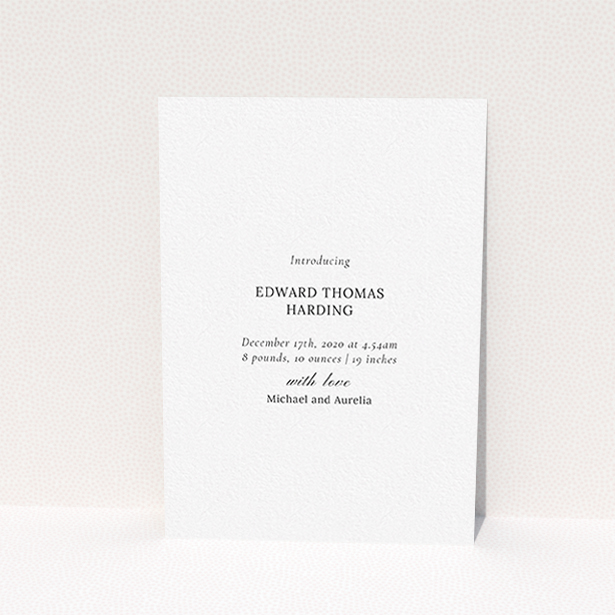 A birth announcement card design called "Tussled Wreath". It is an A6 card in a portrait orientation. It is a photographic birth announcement card with room for 1 photo. "Tussled Wreath" is available as a flat card, with tones of blue and white.
