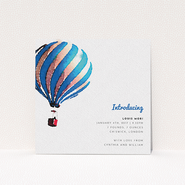 A birth announcement card template titled "Up-and-away blue". It is a square (148mm x 148mm) card in a square orientation. "Up-and-away blue" is available as a flat card, with tones of blue and white.