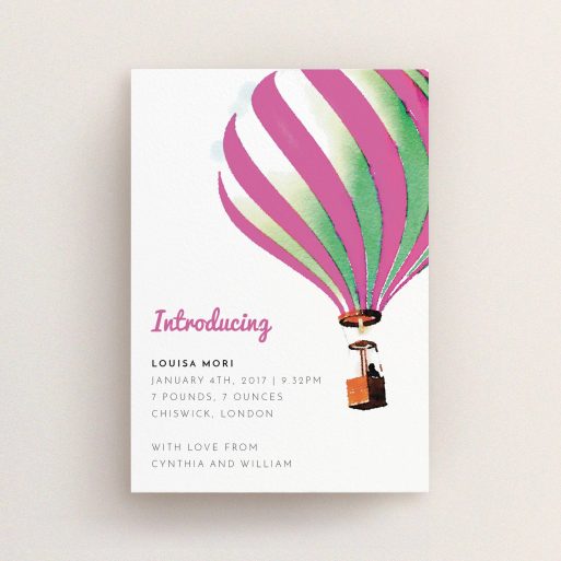 A birth announcement card named "Up-and-away pink". It is an A6 card in a portrait orientation. "Up-and-away pink" is available as a flat card, with tones of pink and white.
