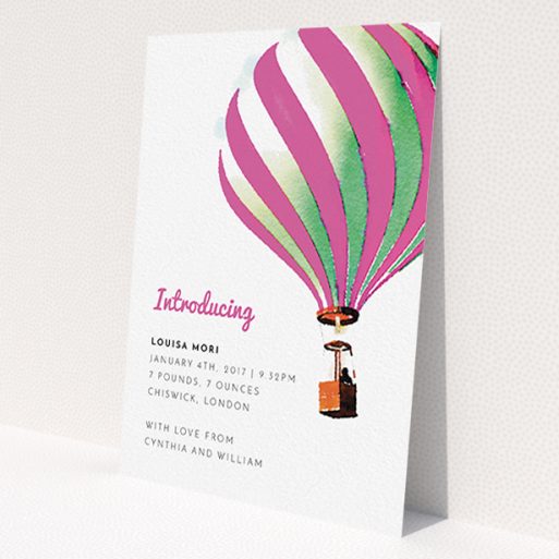 A birth announcement card named 'Up-and-away pink'. It is an A6 card in a portrait orientation. 'Up-and-away pink' is available as a flat card, with tones of pink and white.