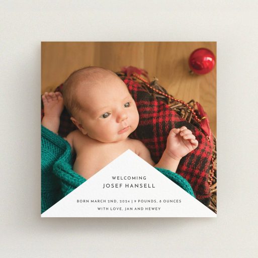 A birth announcement card called "Wedge Frame". It is a square (148mm x 148mm) card in a square orientation. It is a photographic birth announcement card with room for 1 photo. "Wedge Frame" is available as a flat card, with mainly white colouring.