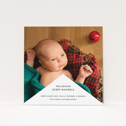 A birth announcement card called "Wedge Frame". It is a square (148mm x 148mm) card in a square orientation. It is a photographic birth announcement card with room for 1 photo. "Wedge Frame" is available as a flat card, with mainly white colouring.