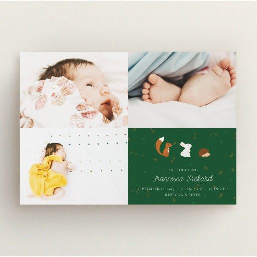 A birth announcement card design titled "Woodland Chums". It is an A5 card in a landscape orientation. It is a photographic birth announcement card with room for 3 photos. "Woodland Chums" is available as a flat card, with tones of green and white.