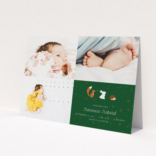 A birth announcement card design titled 'Woodland Chums'. It is an A5 card in a landscape orientation. It is a photographic birth announcement card with room for 3 photos. 'Woodland Chums' is available as a flat card, with tones of green and white.