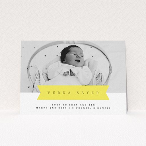 A birth announcement card named "Yellow Banner". It is an A6 card in a landscape orientation. It is a photographic birth announcement card with room for 1 photo. "Yellow Banner" is available as a flat card, with tones of yellow and white.