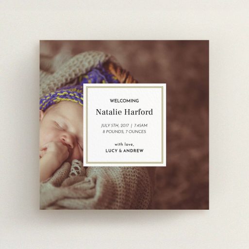 A birth announcement card design named "Your Central Message". It is a square (148mm x 148mm) card in a square orientation. It is a photographic birth announcement card with room for 1 photo. "Your Central Message" is available as a flat card, with mainly gold colouring.
