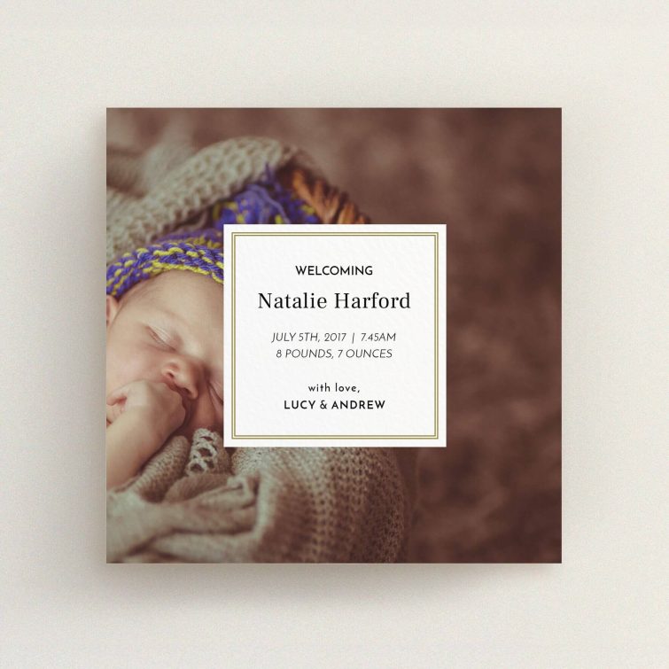 A birth announcement card design named "Your Central Message". It is a square (148mm x 148mm) card in a square orientation. It is a photographic birth announcement card with room for 1 photo. "Your Central Message" is available as a flat card, with mainly gold colouring.