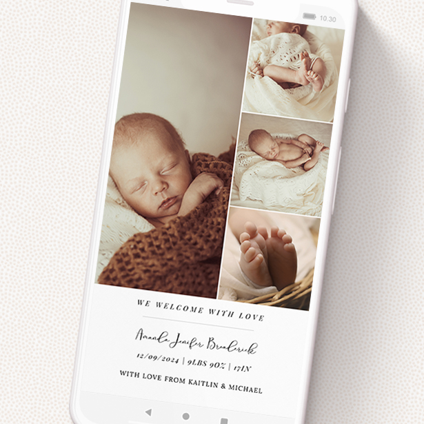 A birth announcement for whatsapp design called '4 Little Photos'. It is a smartphone screen sized announcement in a portrait orientation. It is a photographic birth announcement for whatsapp with room for 4 photos. '4 Little Photos' is available as a flat announcement, with mainly white colouring.
