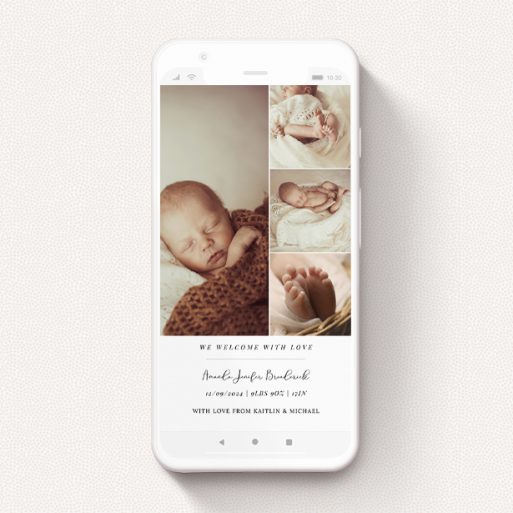 A birth announcement for whatsapp design called "4 Little Photos". It is a smartphone screen sized announcement in a portrait orientation. It is a photographic birth announcement for whatsapp with room for 4 photos. "4 Little Photos" is available as a flat announcement, with mainly white colouring.