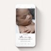 A birth announcement for whatsapp design titled "A bit at the bottom". It is a smartphone screen sized announcement in a portrait orientation. It is a photographic birth announcement for whatsapp with room for 1 photo. "A bit at the bottom" is available as a flat announcement, with tones of black and white.