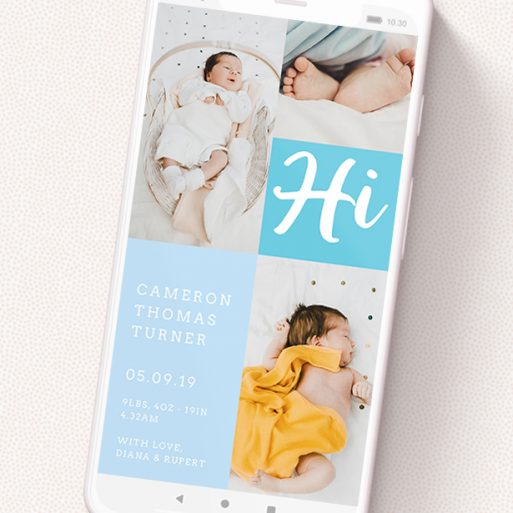 A birth announcement for whatsapp named 'All Squared Away Blue'. It is a smartphone screen sized announcement in a portrait orientation. It is a photographic birth announcement for whatsapp with room for 1 photo. 'All Squared Away Blue' is available as a flat announcement, with tones of blue and white.