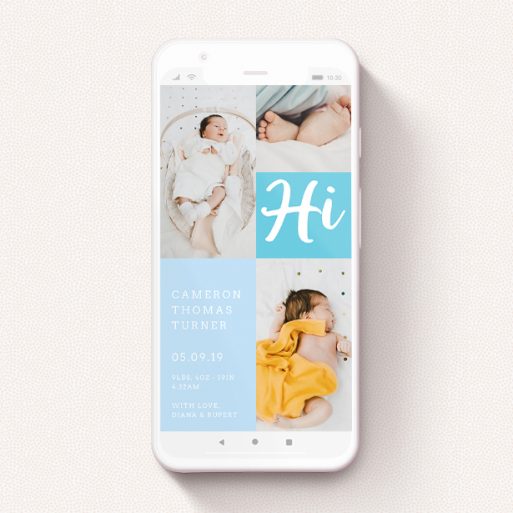 A birth announcement for whatsapp named "All Squared Away Blue". It is a smartphone screen sized announcement in a portrait orientation. It is a photographic birth announcement for whatsapp with room for 1 photo. "All Squared Away Blue" is available as a flat announcement, with tones of blue and white.