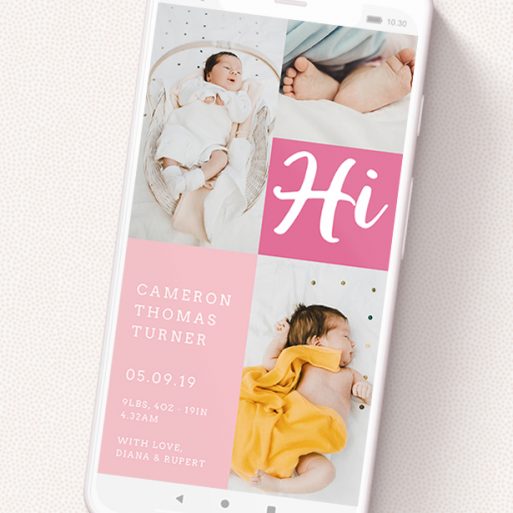 A birth announcement for whatsapp called 'All Squared Away Pink'. It is a smartphone screen sized announcement in a portrait orientation. It is a photographic birth announcement for whatsapp with room for 1 photo. 'All Squared Away Pink' is available as a flat announcement, with tones of pink and white.