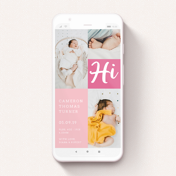A birth announcement for whatsapp called "All Squared Away Pink". It is a smartphone screen sized announcement in a portrait orientation. It is a photographic birth announcement for whatsapp with room for 1 photo. "All Squared Away Pink" is available as a flat announcement, with tones of pink and white.
