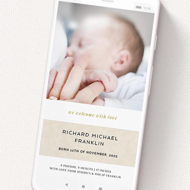 A birth announcement for whatsapp named 'Banded'. It is a smartphone screen sized announcement in a portrait orientation. It is a photographic birth announcement for whatsapp with room for 1 photo. 'Banded' is available as a flat announcement, with mainly dark cream colouring.