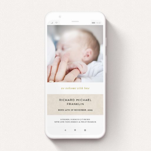 A birth announcement for whatsapp named "Banded". It is a smartphone screen sized announcement in a portrait orientation. It is a photographic birth announcement for whatsapp with room for 1 photo. "Banded" is available as a flat announcement, with mainly dark cream colouring.
