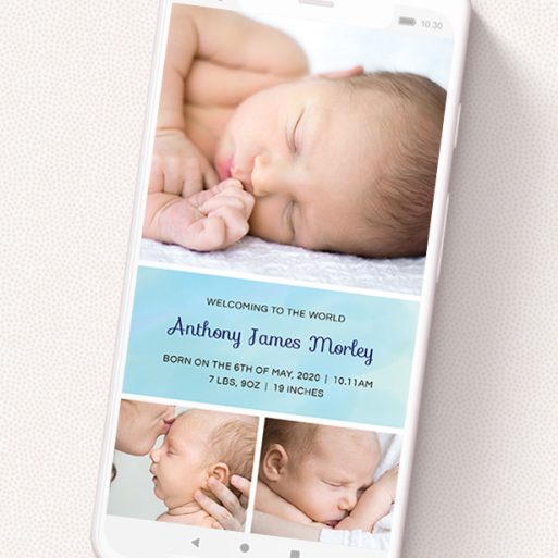 A birth announcement for whatsapp design named 'Block Tower - Boy'. It is a smartphone screen sized announcement in a portrait orientation. It is a photographic birth announcement for whatsapp with room for 3 photos. 'Block Tower - Boy' is available as a flat announcement, with tones of blue and white.