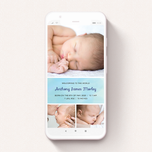 A birth announcement for whatsapp design named "Block Tower - Boy". It is a smartphone screen sized announcement in a portrait orientation. It is a photographic birth announcement for whatsapp with room for 3 photos. "Block Tower - Boy" is available as a flat announcement, with tones of blue and white.