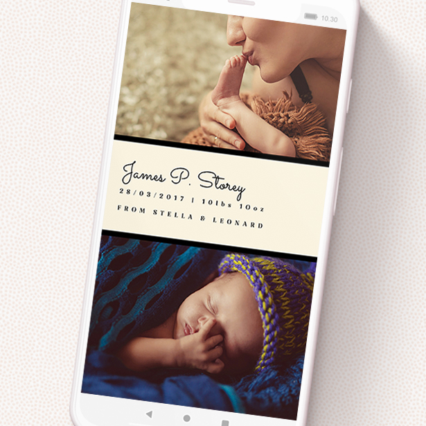 A birth announcement for whatsapp design called 'Bookshelf'. It is a smartphone screen sized announcement in a portrait orientation. It is a photographic birth announcement for whatsapp with room for 3 photos. 'Bookshelf' is available as a flat announcement, with mainly cream colouring.
