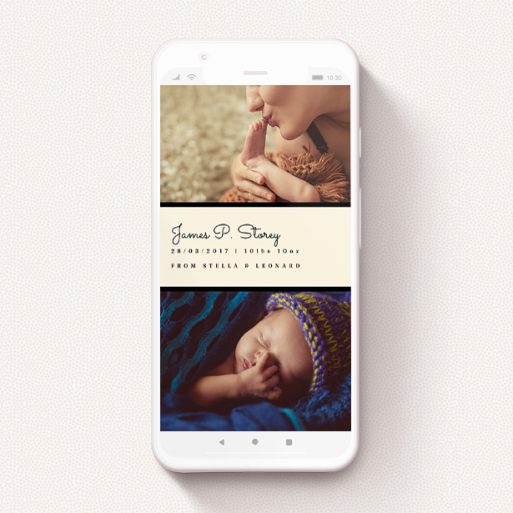 A birth announcement for whatsapp design called "Bookshelf". It is a smartphone screen sized announcement in a portrait orientation. It is a photographic birth announcement for whatsapp with room for 3 photos. "Bookshelf" is available as a flat announcement, with mainly cream colouring.
