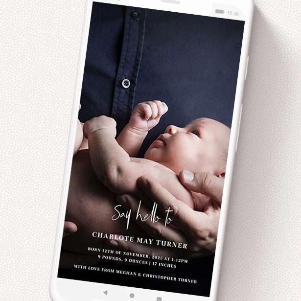A birth announcement for whatsapp design titled 'Bottom Centre'. It is a smartphone screen sized announcement in a portrait orientation. It is a photographic birth announcement for whatsapp with room for 1 photo. 'Bottom Centre' is available as a flat announcement, with mainly white colouring.