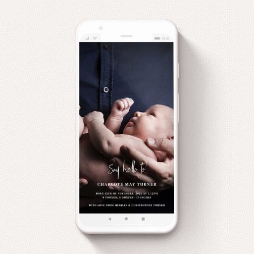 A birth announcement for whatsapp design titled "Bottom Centre". It is a smartphone screen sized announcement in a portrait orientation. It is a photographic birth announcement for whatsapp with room for 1 photo. "Bottom Centre" is available as a flat announcement, with mainly white colouring.